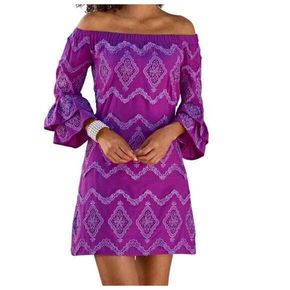 Boston Proper Womens Off Shoulder Dress Size Sm Purple Metallic Lace Bell Sleeve - Picture 1 of 16